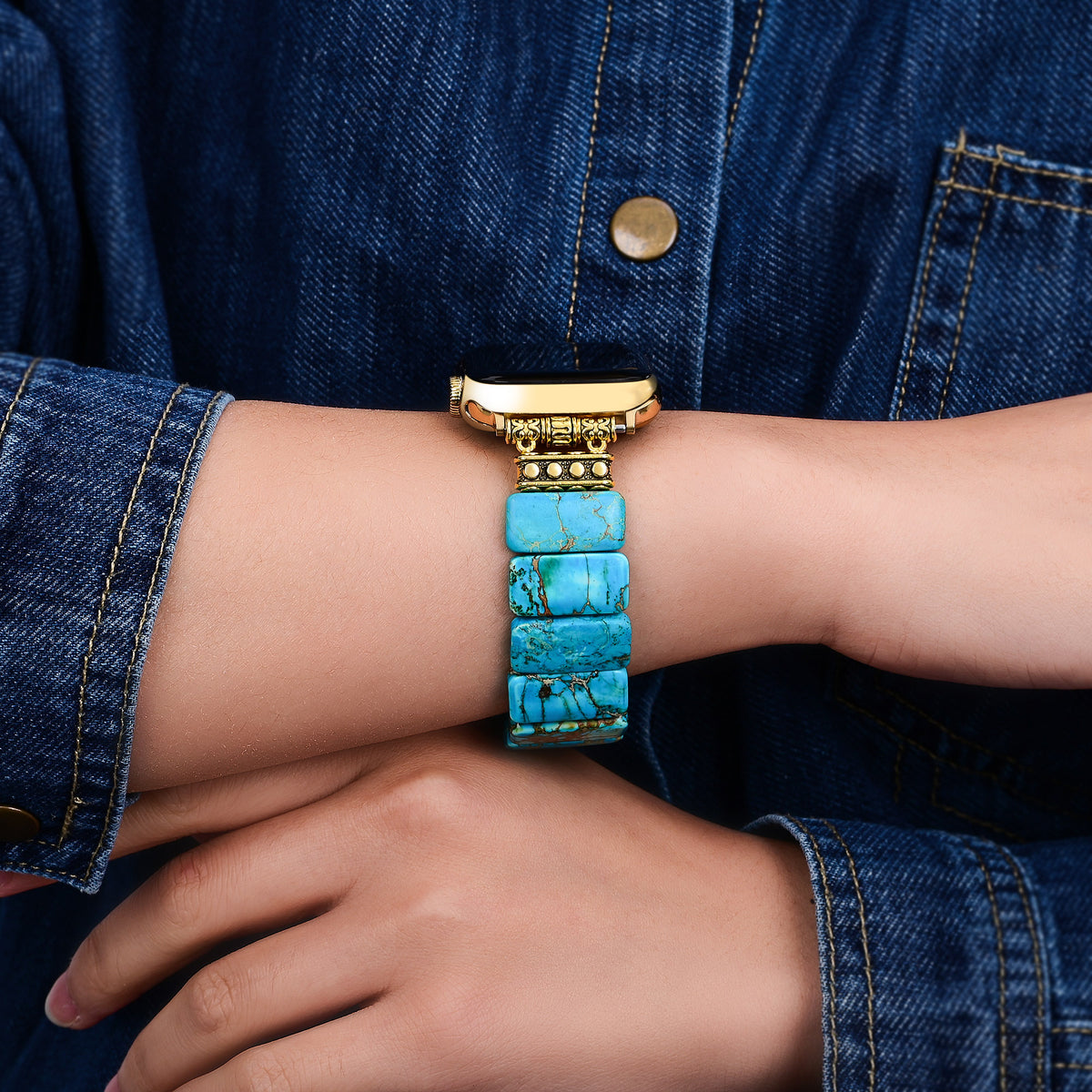 Bracelet extensible en jaspe tibétain turquoise pour Apple Watch
