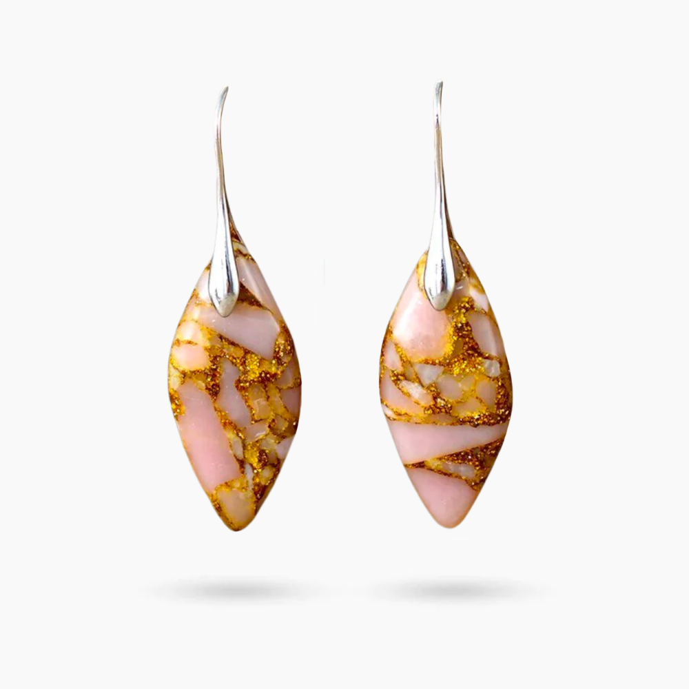 Boucles d'oreilles en jaspe feuilles de pêche dorées