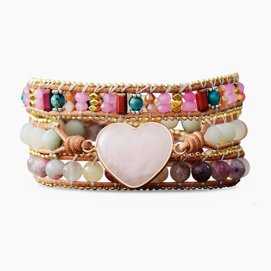 Bracelet enveloppant en forme de cœur en quartz rose rêveur