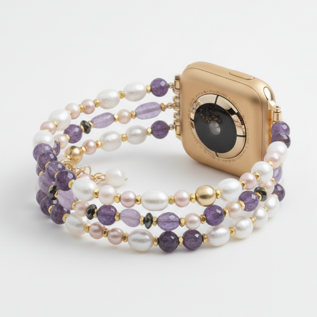 Bracelet extensible en grappe de perles d'améthyste pour Apple Watch