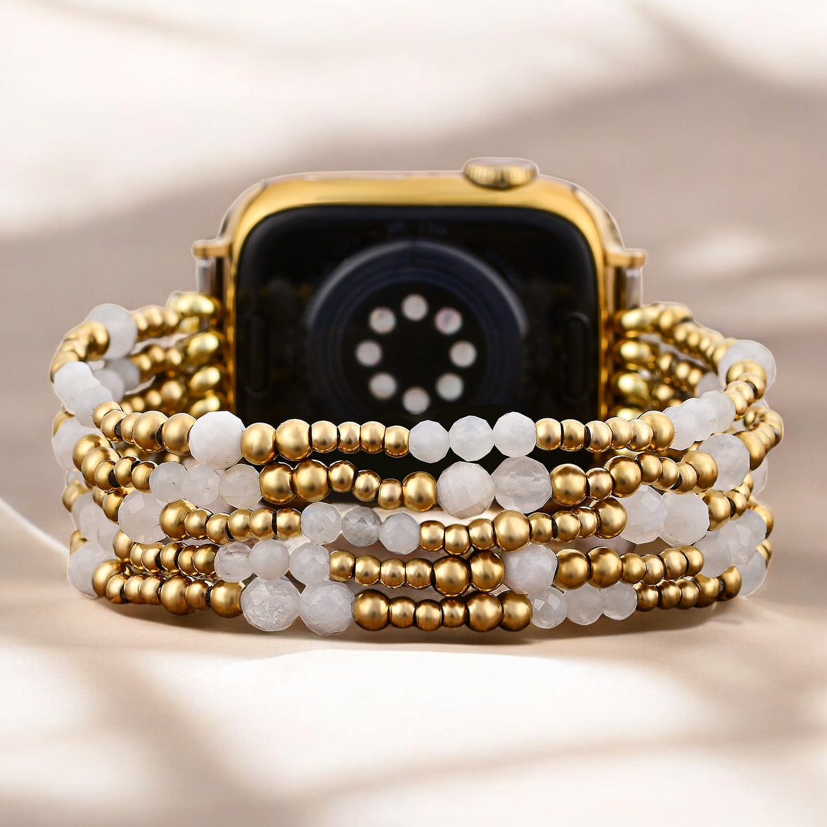 Bracelet extensible Apple Watch en pierre de lune Halo doré