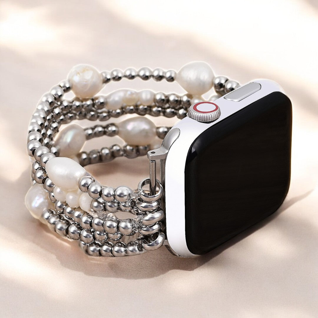 Bracelet Apple Watch extensible en or et en perles