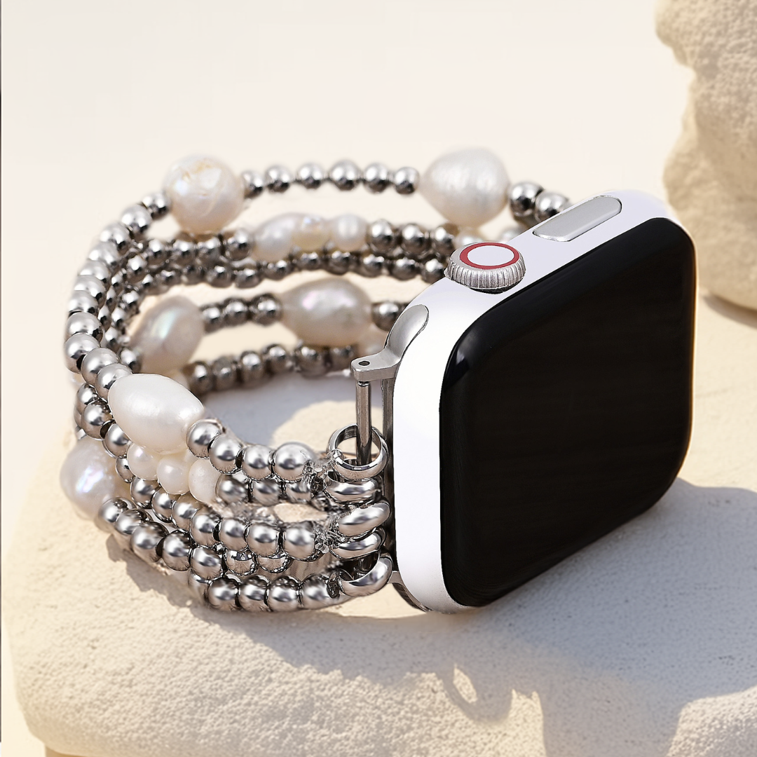 Bracelet Apple Watch extensible en or et en perles