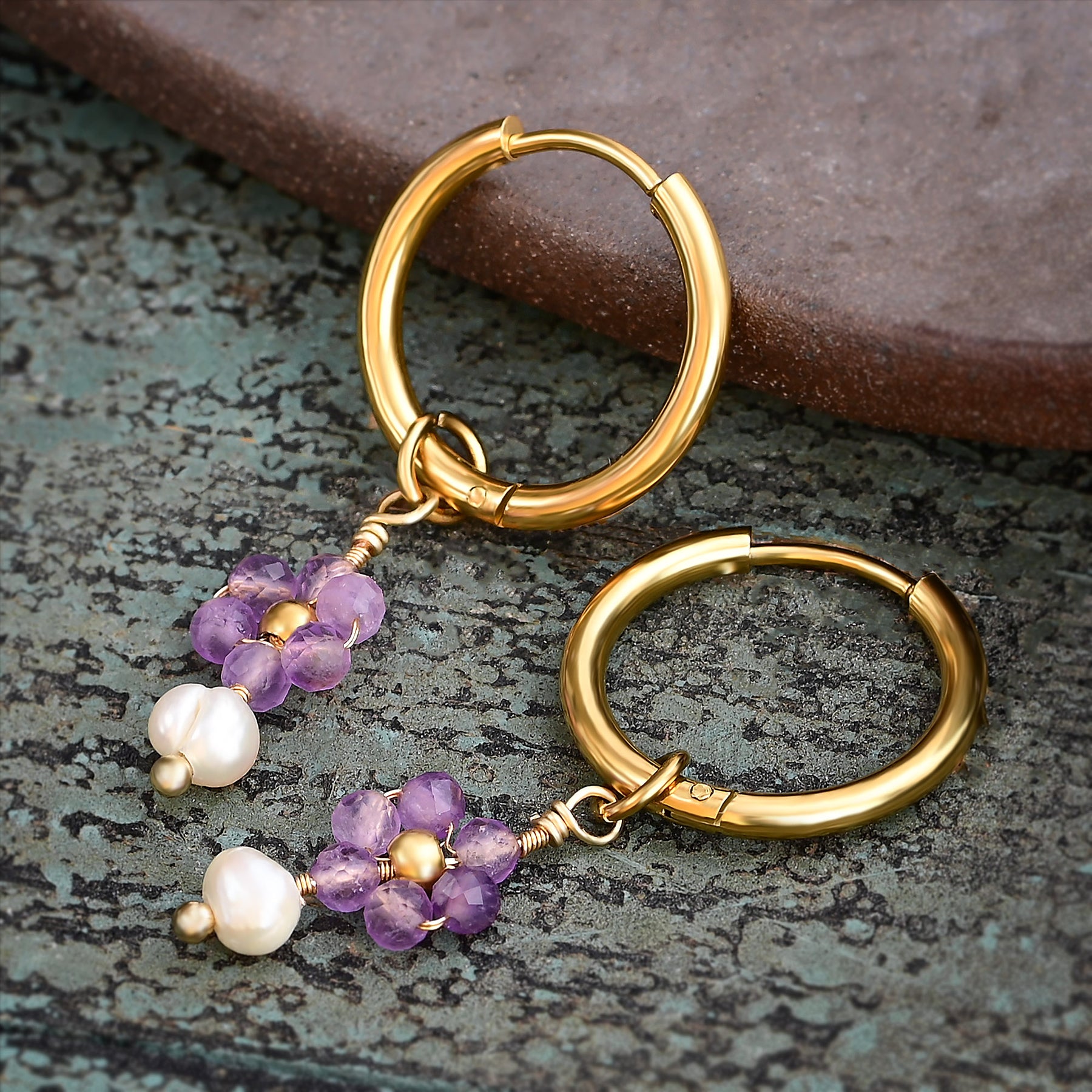 Boucles d'oreilles créoles en perles et agates Golden Grace