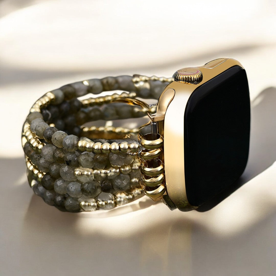 Bracelet Apple Watch extensible en or et en perles