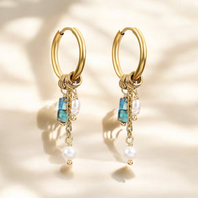 Boucles d'oreilles créoles goutte florale turquoise dorée