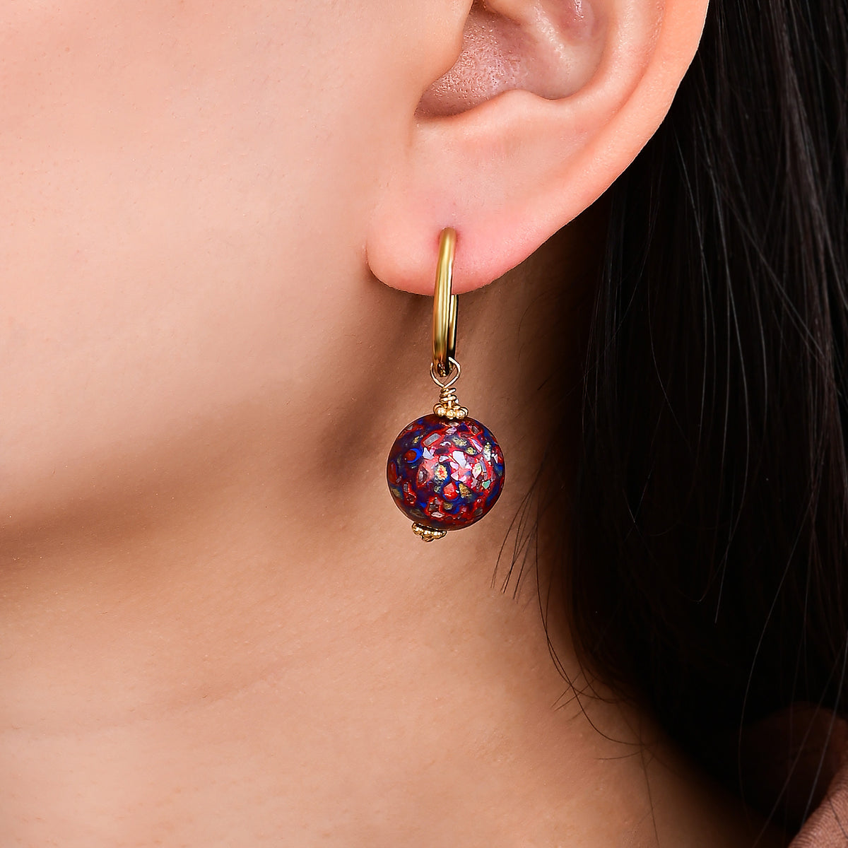 Boucles d'oreilles créoles sphériques Améthyste Aurore tachetée