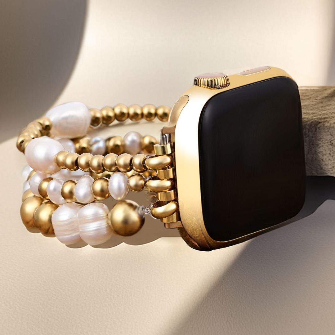 Bracelet extensible Apple Watch en perles d'eau douce dorées