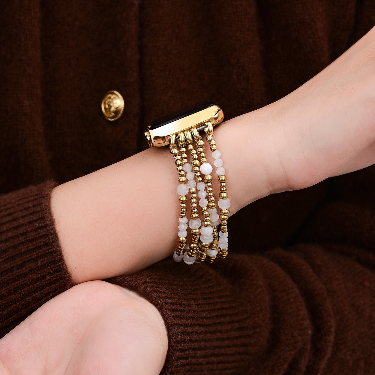 Bracelet extensible Apple Watch en pierre de lune Halo doré