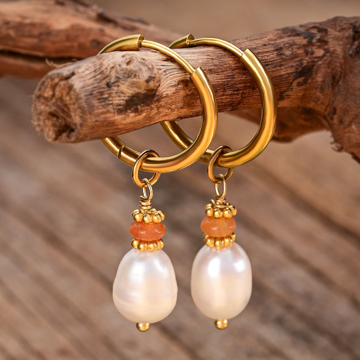 Boucles d'oreilles créoles en perles et agates Golden Grace