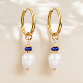 Boucles d'oreilles créoles en perle Golden Grace et agate lapis