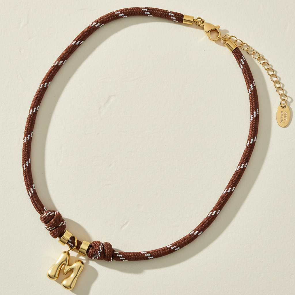 Collier corde lettre bulle dorée