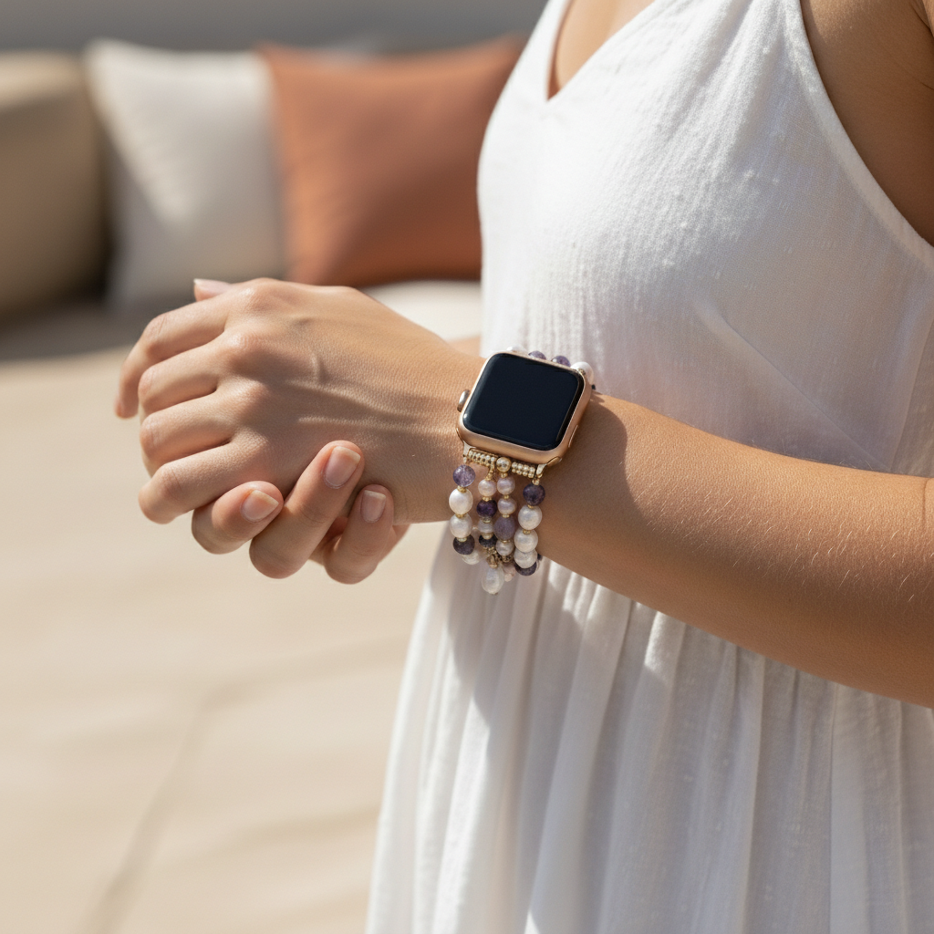 Bracelet extensible en grappe de perles d'améthyste pour Apple Watch