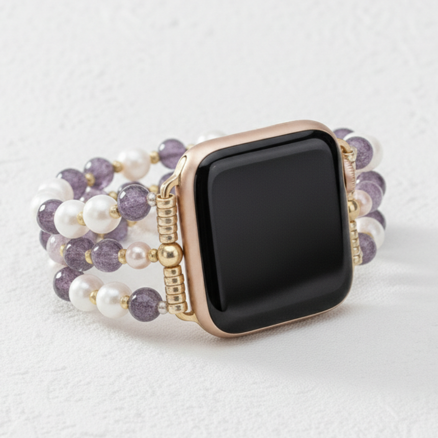 Bracelet extensible en grappe de perles d'améthyste pour Apple Watch