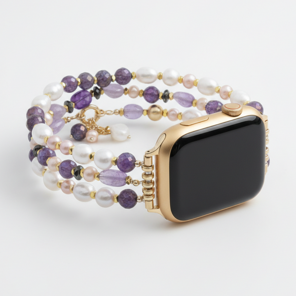 Bracelet extensible en grappe de perles d'améthyste pour Apple Watch