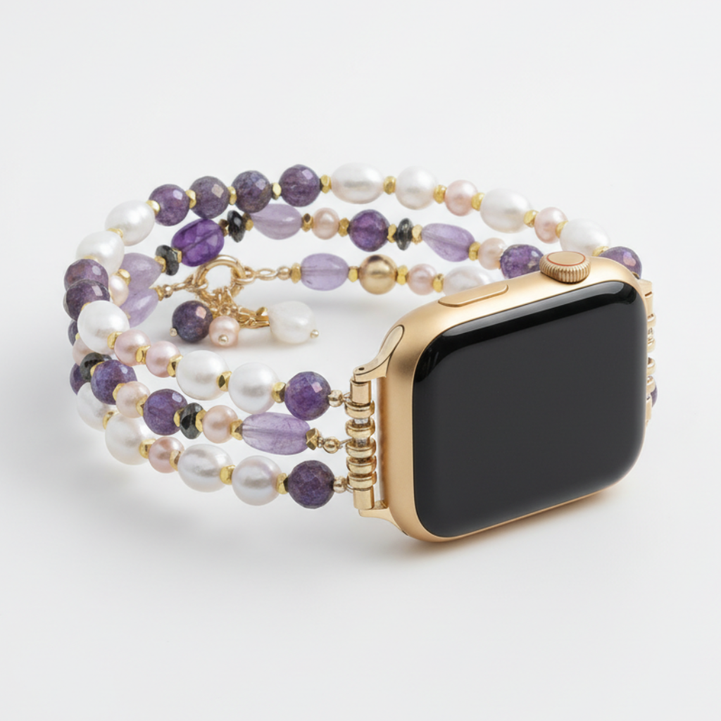 Bracelet extensible en grappe de perles d'améthyste pour Apple Watch