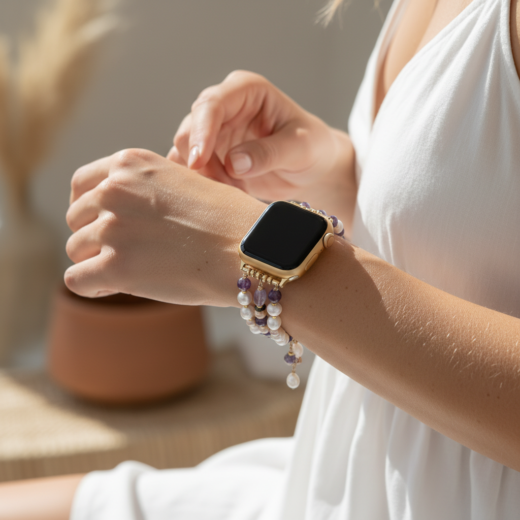 Bracelet extensible en grappe de perles d'améthyste pour Apple Watch