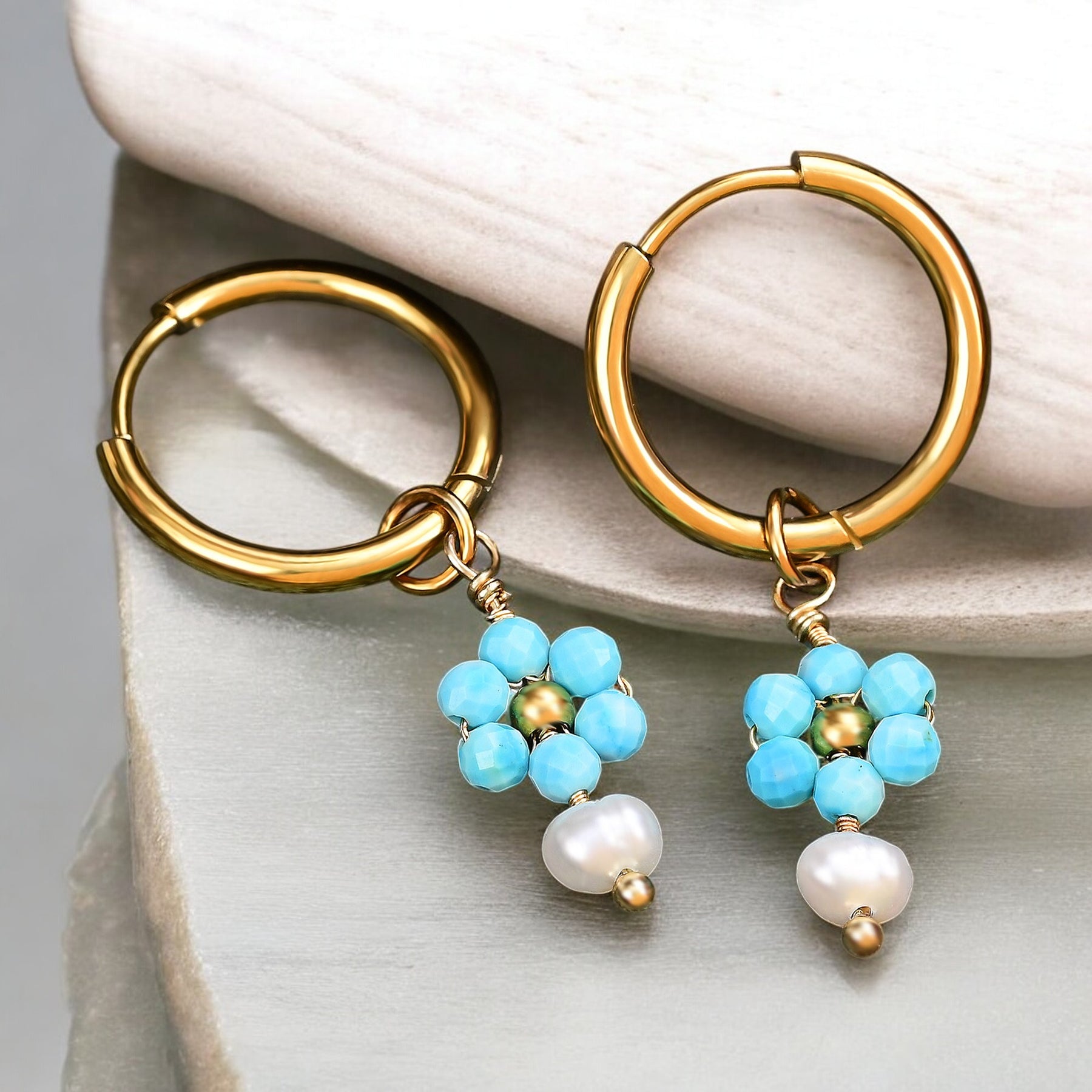 Boucles d'oreilles créoles Perle Fleur Turquoise