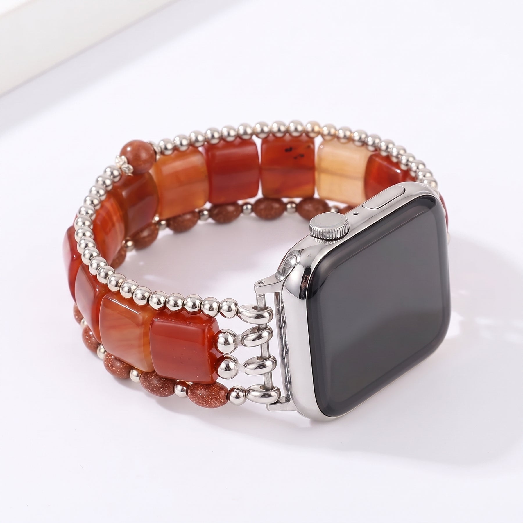 Bracelet extensible pour Apple Watch « Flamme du désert » en cornaline argentée