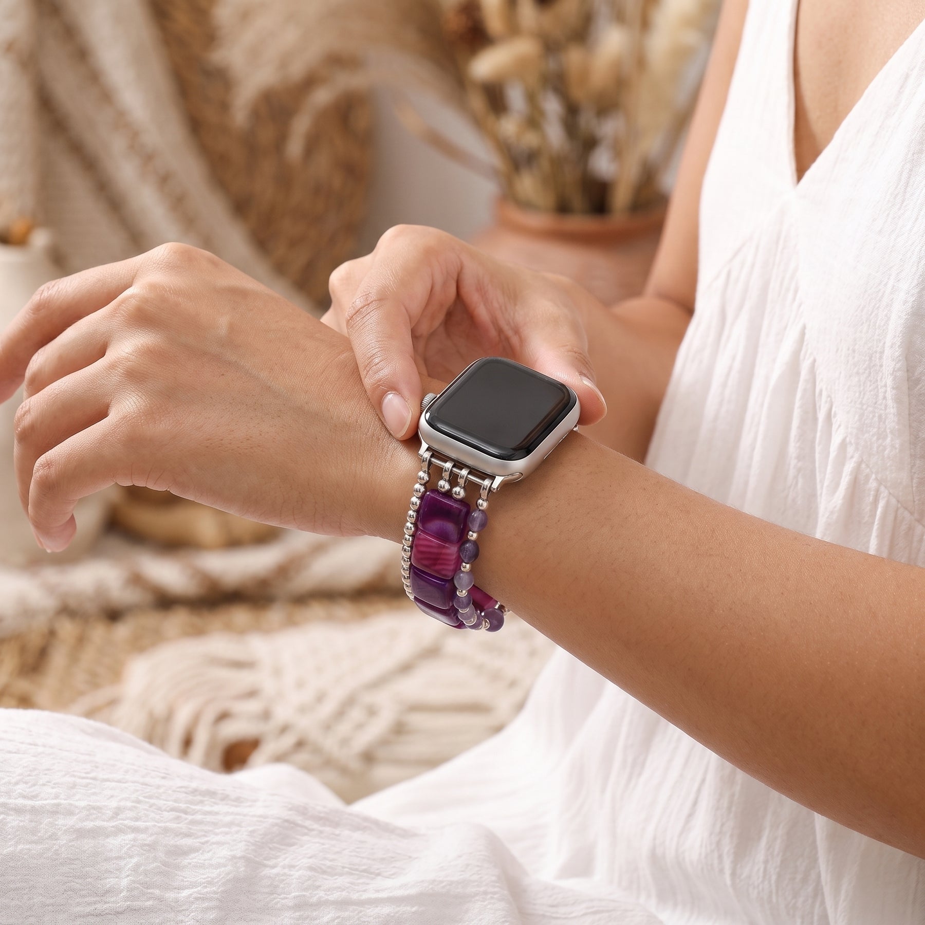 Bracelet extensible pour Apple Watch « Flamme du désert » en cornaline argentée