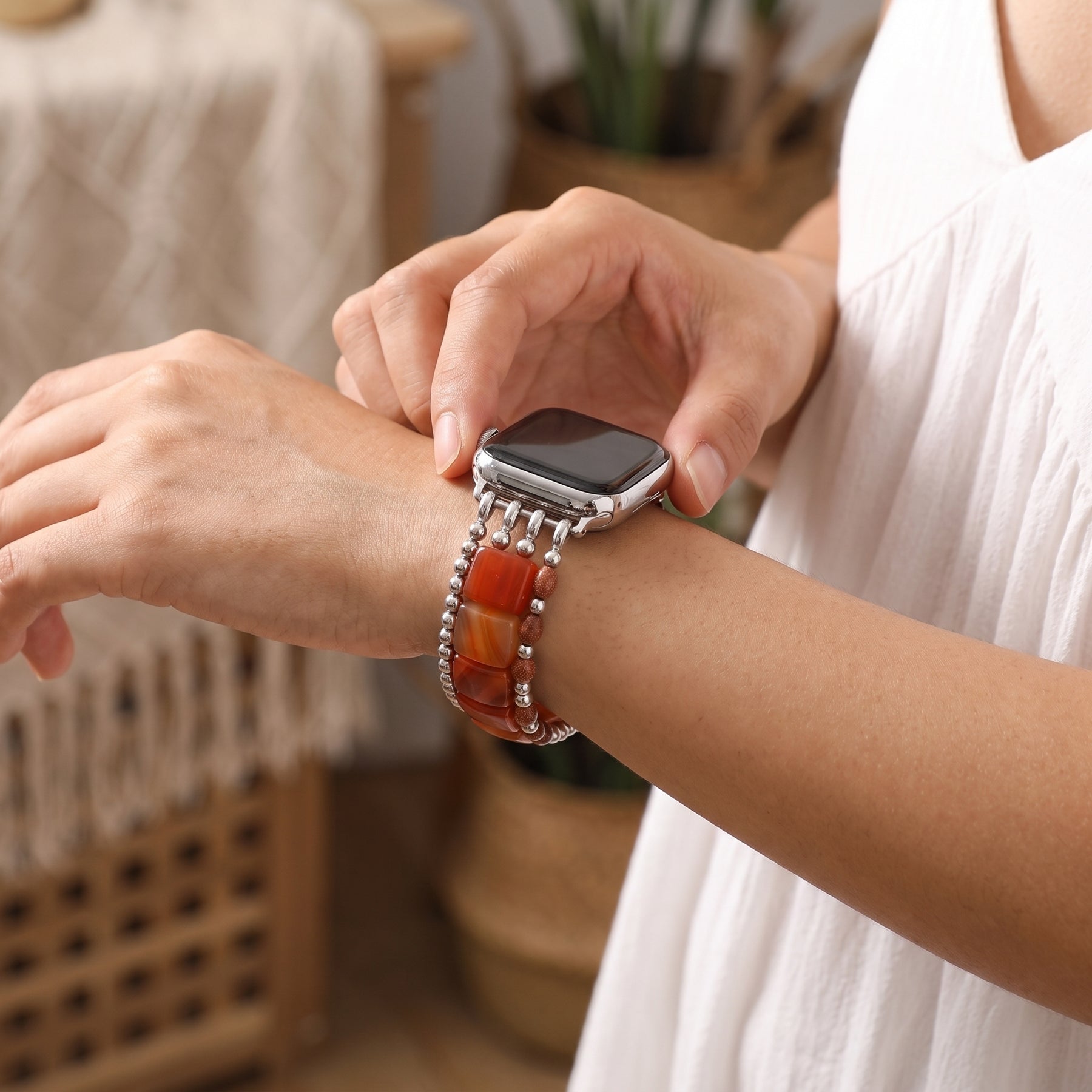 Bracelet extensible pour Apple Watch « Flamme du désert » en cornaline argentée